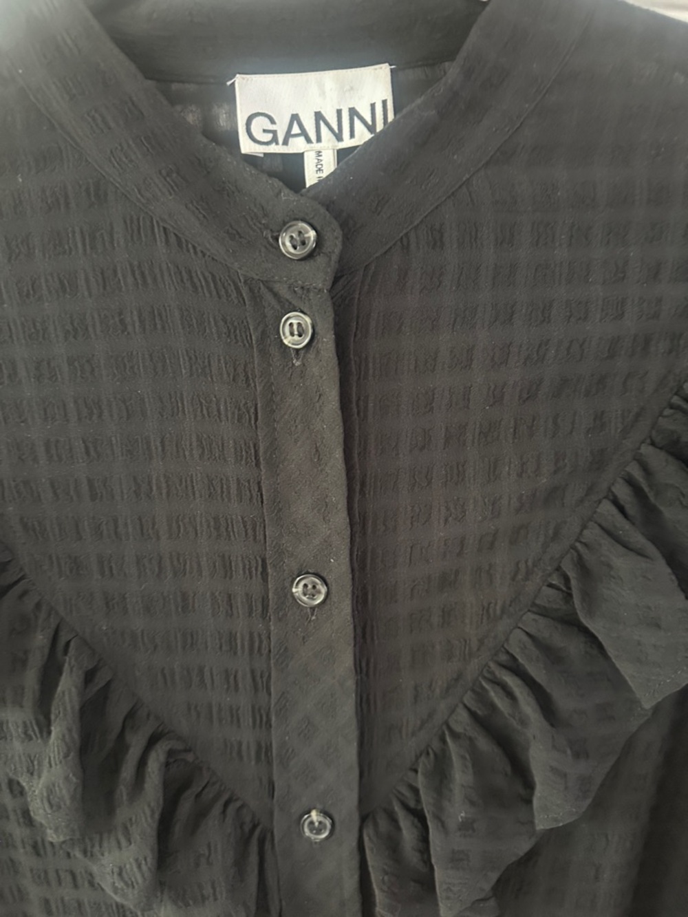 Ganni Black Textured Ruffle-Front Button Blouse - Picture 2 of 3